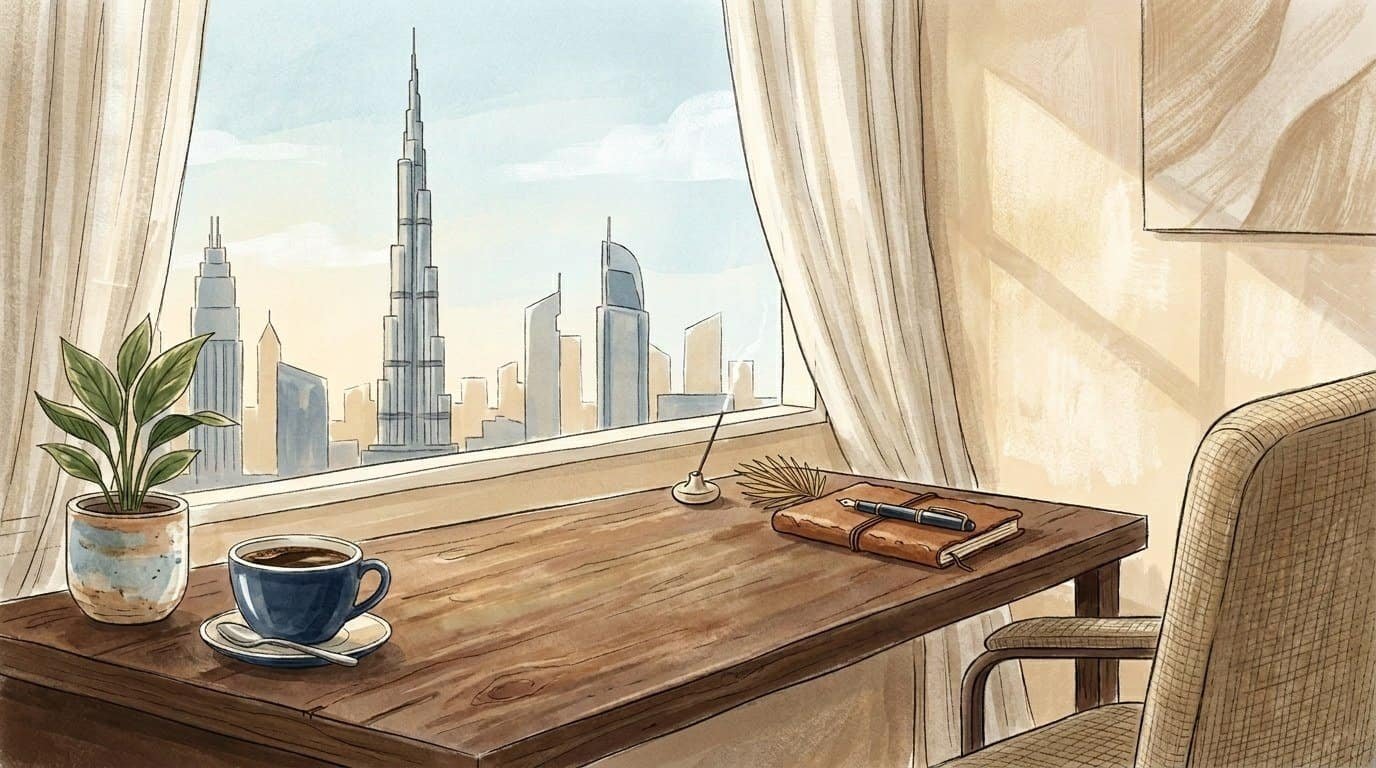 Calm Dubai home office desk with a coffee cup and notebook, the city skyline through the window