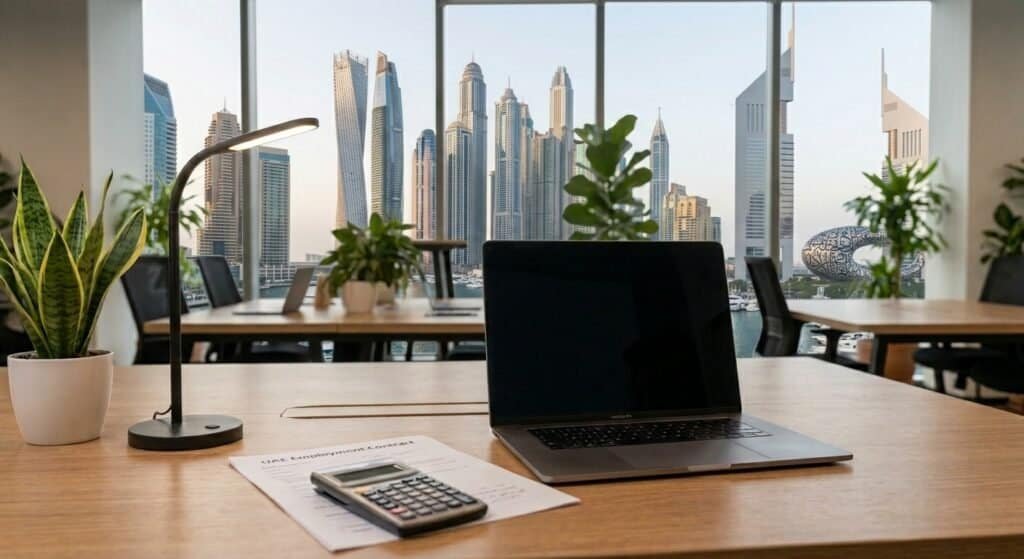 A UAE employment contract, a calculator and a laptop on a desk, with the Dubai skyline in the background