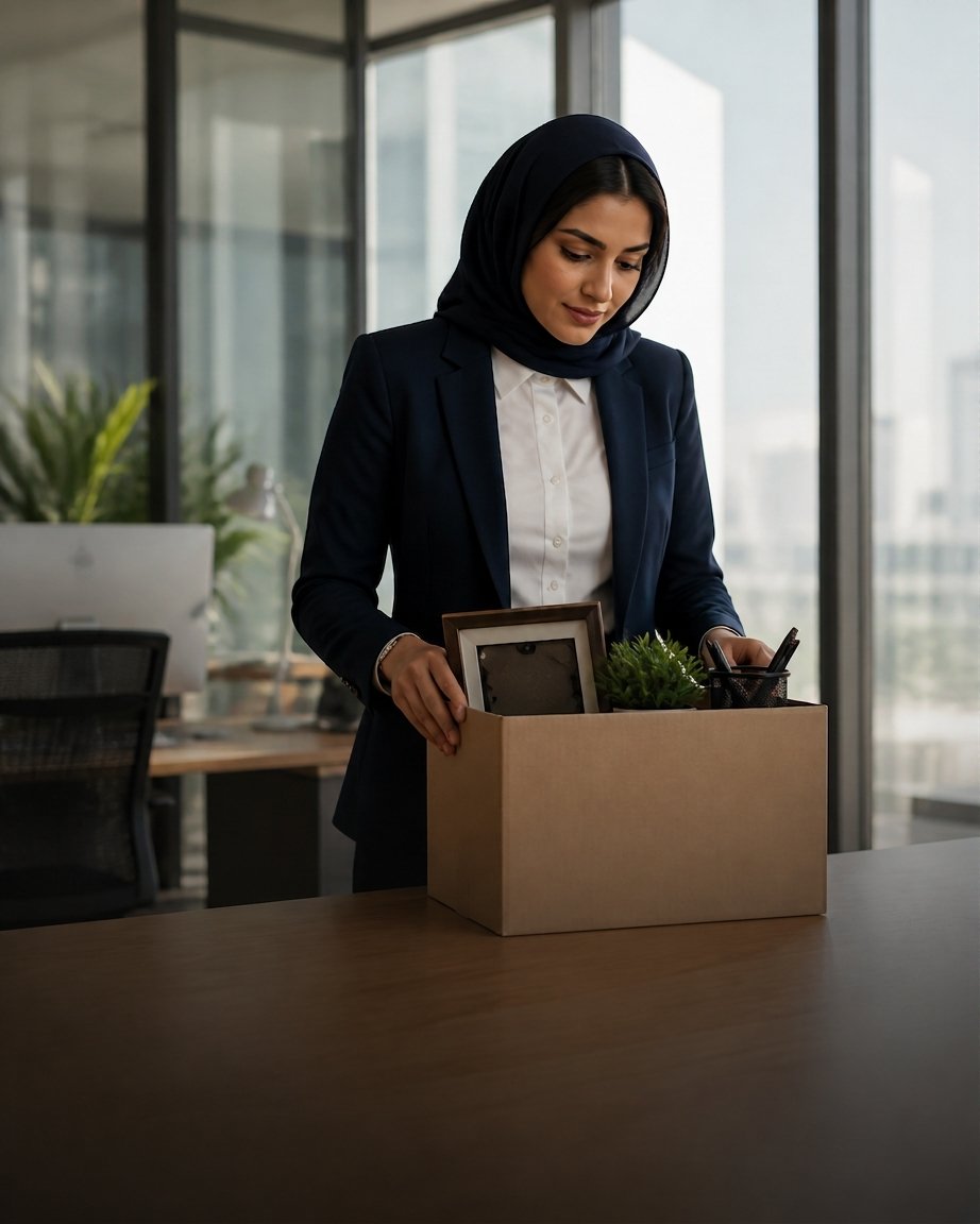 A professional packing her desk belongings into a box as she leaves her job