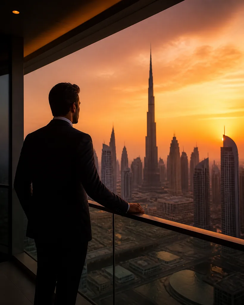 A professional looking out over the Dubai skyline at sunset