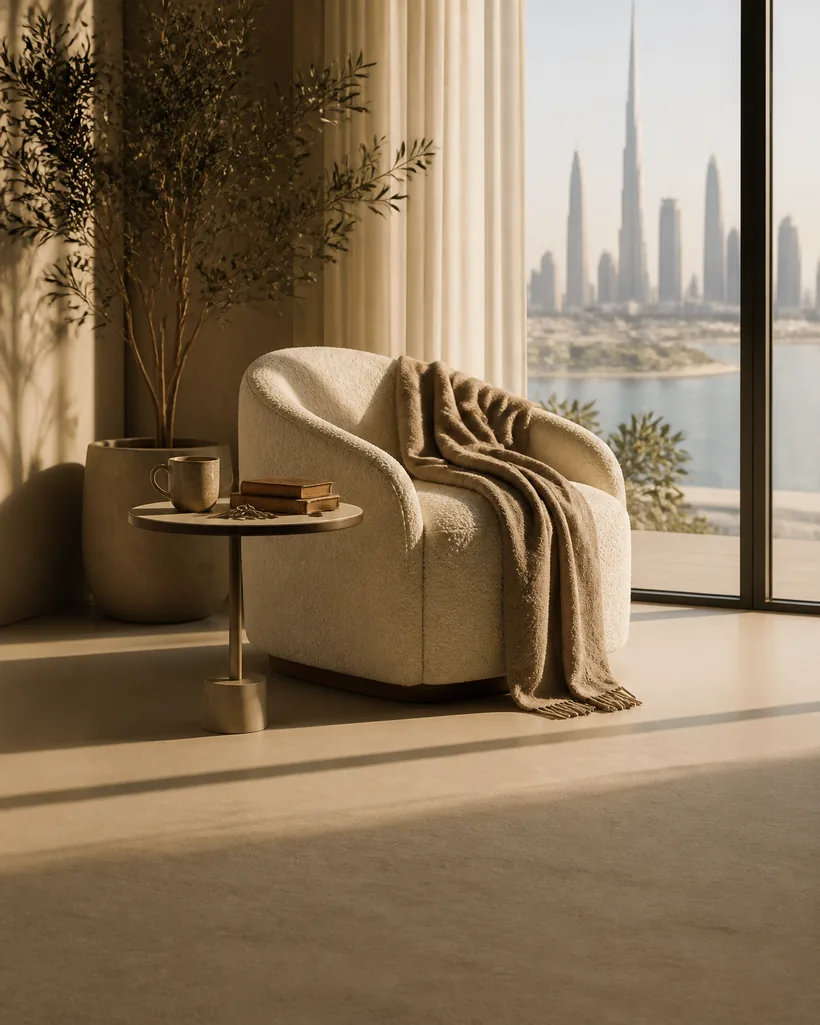 A calm sunlit living room corner with house keys and books, Dubai skyline beyond
