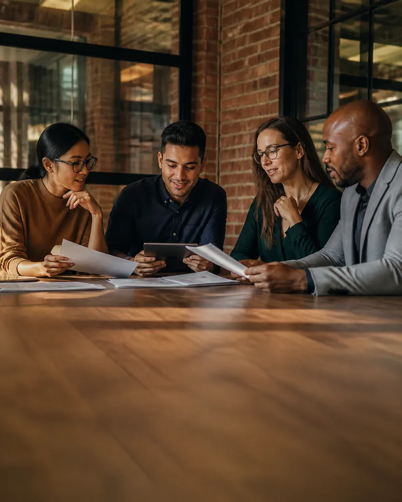 A small business team reviewing figures together around a table