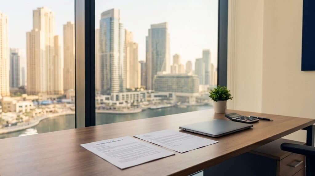 An employment contract and a termination notice on a desk by a window, with the Dubai Marina skyline